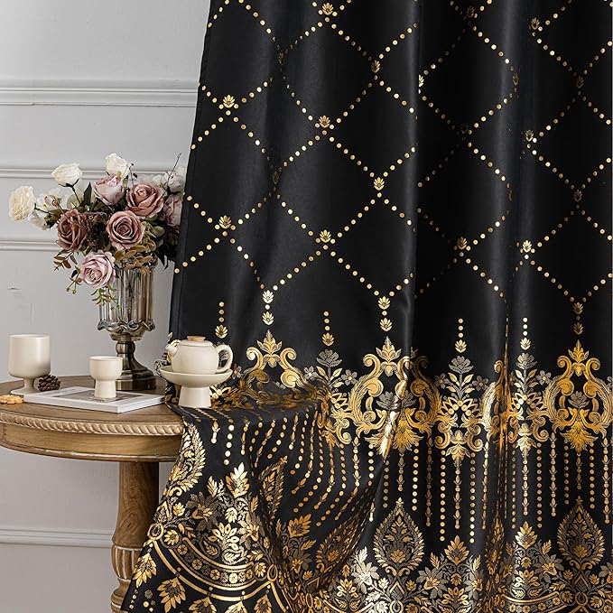 Grommets Blackout Long Window Curtains Black Gold-52W*84L 2PCS Drapes for Bedroom