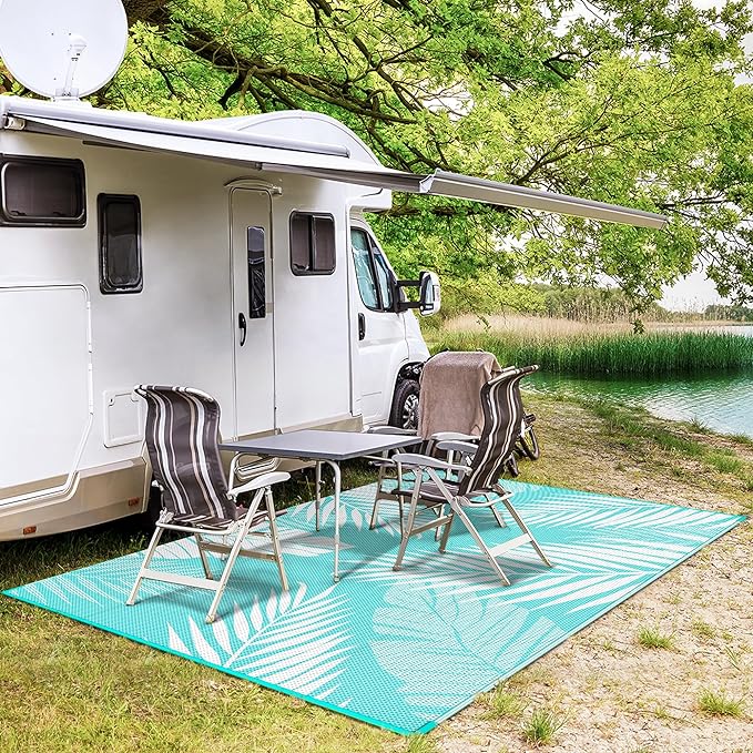 GENIMO Outdoor Rug 9' x 12' Waterproof for Patios Clearance, Reversible Outdoor Plastic Straw Camping Rug Carpet, Large Area Rugs Mats for RV, Camper, Deck, Balcony, Porch, Beach, Aqua Blue&White