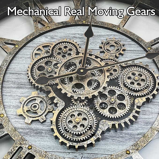 DORBOKER 36" Original Moving Gears Wall Clock, Large Industrial Wall Clock for Living Room Decor, Retro Metal Solid Wood Vintage Farmhouse Steampunk Rustic Clocks for Wall Decor,Silver Grey