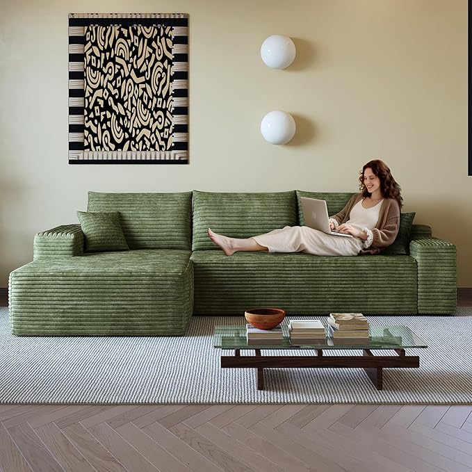 108" Sectional Couches for Living Room Modern Modular Sofa with L-Shape Couchs Upholstered Boneless Couch Deep Seat Sectional Couch with Chaise (Green, Left Facing Chaise+2Seaters)