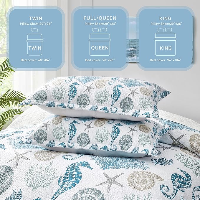 Coastal Bedding Queen Size Coastal Quilt with 2 Shams, Nautical Beach Comforter Sets Ocean Bedspreads Blue Seahorse Coverlet Summer Bedding, 90''x96''