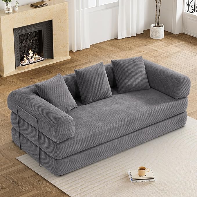 Convertible Sleeper Sofa Bed with Pillow, 4-in-1 Corduroy Folding Mattress Couch with Fixed-Shape Frame, Futon Fold Out Floor Sofa Cama Lounge Couch for Living Room Bedroom Studio, Grey