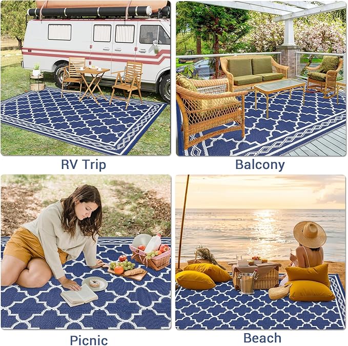 GAOMON Outdoor Rug Waterproof 8'x10', Reversible Outdoor Plastic Straw Rug, Boho Patio Rug, Indoor Outdoor Carpet, RV Mat Outside for Patio, Camp, Picnic, Balcony, Deck, Navy/White(Geometric)