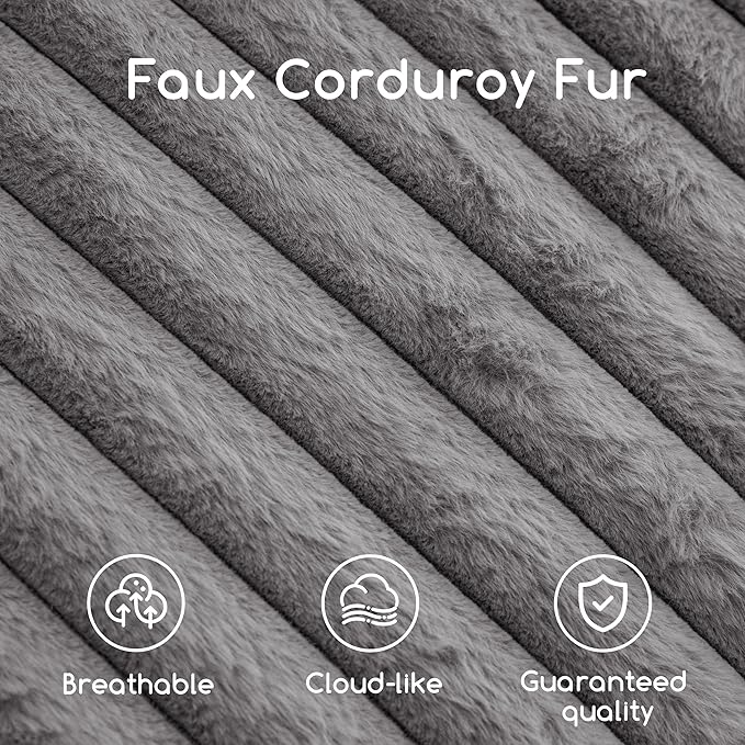 HIGOGOGO Round Stuffed Pouf Ottoman, Stripe Faux Fur Poufs with Foam Chunk Filling, Furry and Fluffy Pouf Foot Stool Storage Ottoman, 26 X 18 Floor Poufs Foot Rest for Living Room, Grey