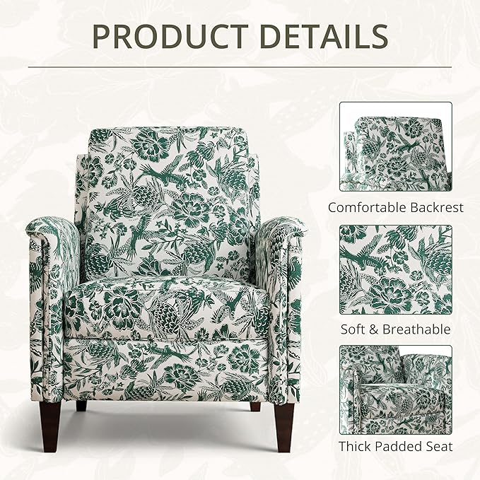 Floral Accent Chair, High Back Upholstered Armchair with Solid Wooden Legs, Padded Armrest and Removable Comfortable Cushioned Seat Single Sofa for Living Room, Bedroom, Green