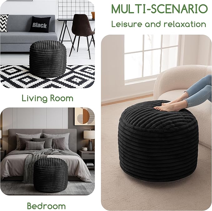 HIGOGOGO Round Stuffed Pouf Ottoman, Corduroy Poufs with High-Density Foam Filling, Furry and Fluffy Pouf Foot Stool Storage Ottoman, 20 X 15 Floor Poufs Foot Rest for Living Room, Black