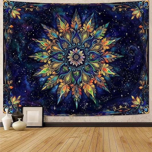Fowocu Boho Floral Mandala Tapestry for Bedroom Aesthetic Blue Bohemian Colorful Flower Wall Tapestry Purple Hippie Indian Small Tapestries Wall Hanging for Living Room Dorm Decor 40 x 30 Inch