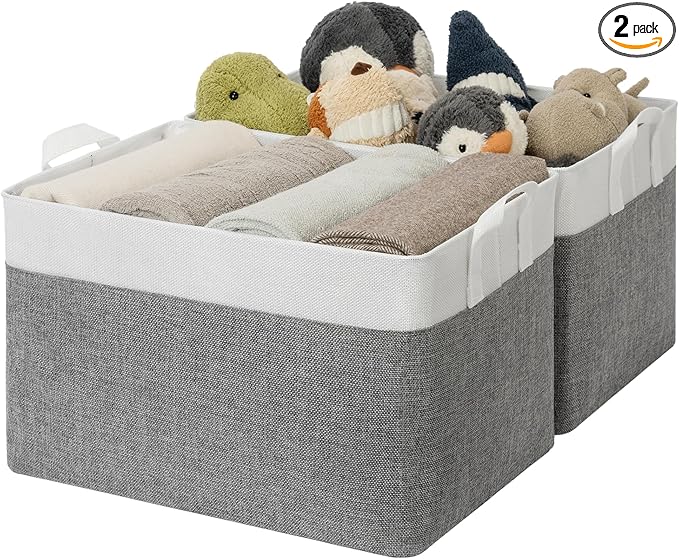 GRANNY SAYS Storage Baskets for Shelves, Closet Organizer Bins, Clothes Storage Bins with Metal Frame, Extra Large Baskets for Organizing and Storage, Collapsible, Gray&White, 2-Pack