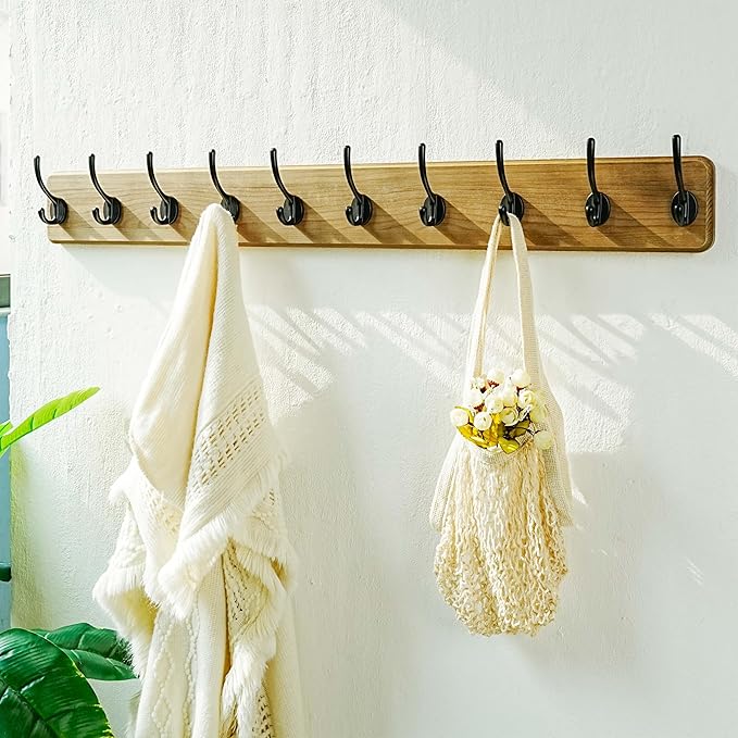 Dseap Coat Rack Wall: 38-1/4" Long, Patented, Heavy-Duty, 10-Double-Hooks Wooden Wall Mounted Coat Rack Coat Hanger Hook Rail for Winter Coats Hat Jacket Clothing, Weathered Brown