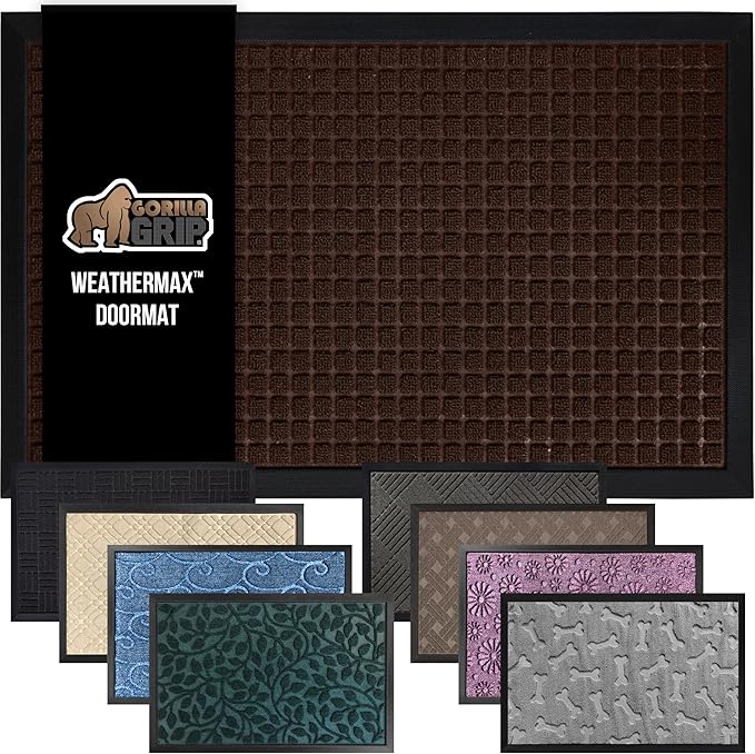 GORILLA GRIP 100% Waterproof All-Season WeatherMax Doormat 35x23, US Designed Natural Rubber, Stain and Fade Resistant, Low Profile Indoor Outdoor Door Mats, Easy Clean Patio Mat, Coffee Squares