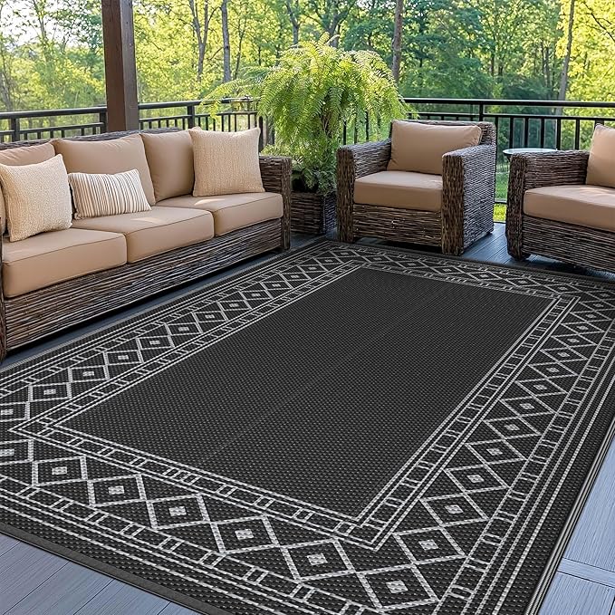 GENIMO Outdoor Rug 5'x8' Waterproof for Patio Decor, Reversible Outdoor Plastic Straw Rug Carpet, Camping Mats for Outdoor, RV, Backyard, Deck, Balcony, Picnic, Black & Grey