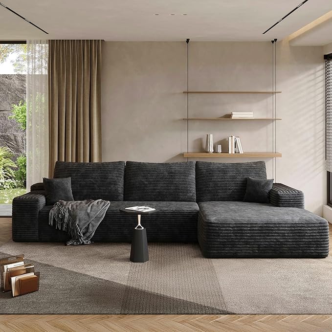 108" Sectional Couches for Living Room Modern Modular Sofa with L-Shape Couchs Upholstered Boneless Couch Deep Seat Sectional Couch with Chaise (Black, Right Facing Chaise+2Seaters)