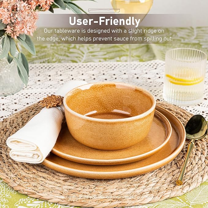 GBHOME Ceramic Dinnerware Sets for 4, 12 Pieces Stoneware Plates and Bowls Sets, Scratch Resistant Dishes, Dishwasher & Microwave Safe, Reactive Glaze-Amber