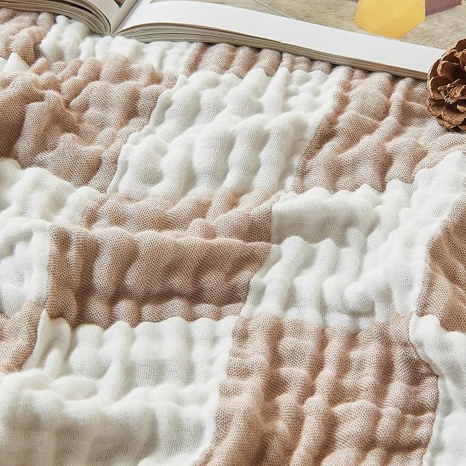 EMME Checkered Cotton Blanket Queen Size for Bed Soft Large Muslin Bed Blankets 80"x90" Lightweight Breathable Cooling All Season Gauze, Light Tan