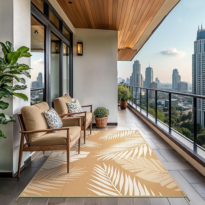 GENIMO Outdoor Rug 8' x 10' Waterproof for Patios Clearance, Reversible Outdoor Plastic Straw Camping Rug Carpet, Large Area Rugs Mats for RV, Camper, Deck, Balcony, Porch, Beach, Picnic, Brown&Beige