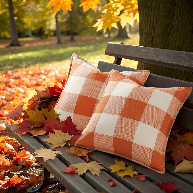 decorUhome Fall Orange and White Decorative Throw Pillow Covers 12x20 Set of 2, Lumbar Buffalo Plaid Check Farmhouse Cushion Covers with Stitched Edge for Autumn Harvest Couch Sofa Bed Home Decor