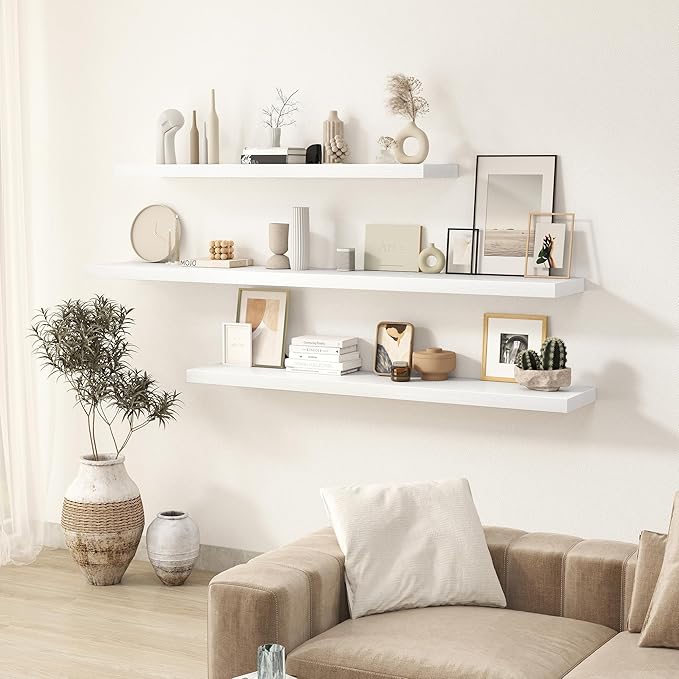 Fun Memories 55 Inch Floating Shelves for Wall 2 Pack Shelves for Bedroom|Kitchen|Bathroom 55 x 9.3 Inch Wood Floating Shelf with Invisible Brackets for Books|Storage|Decor, White