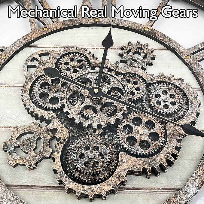 DORBOKER 24" Large Wall Clock with Moving Gears,Oversize Vintage Industrial Rustic Farmhouse Clocks for Living Room Decor Office Home,Solid Wood Retro Metal HD Tempered Glass Cover,Desert Beige