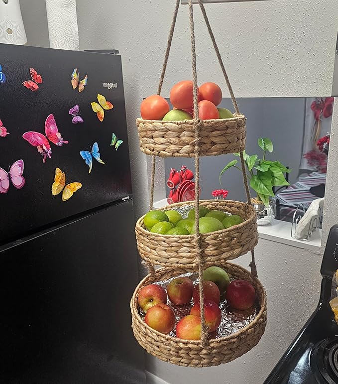 Generic HANFRUBASK - Hanging Fruit Basket Set of 3, Woven Water Hyacinth, Round, Beige, Rustic, Kitchen Storage & Organization