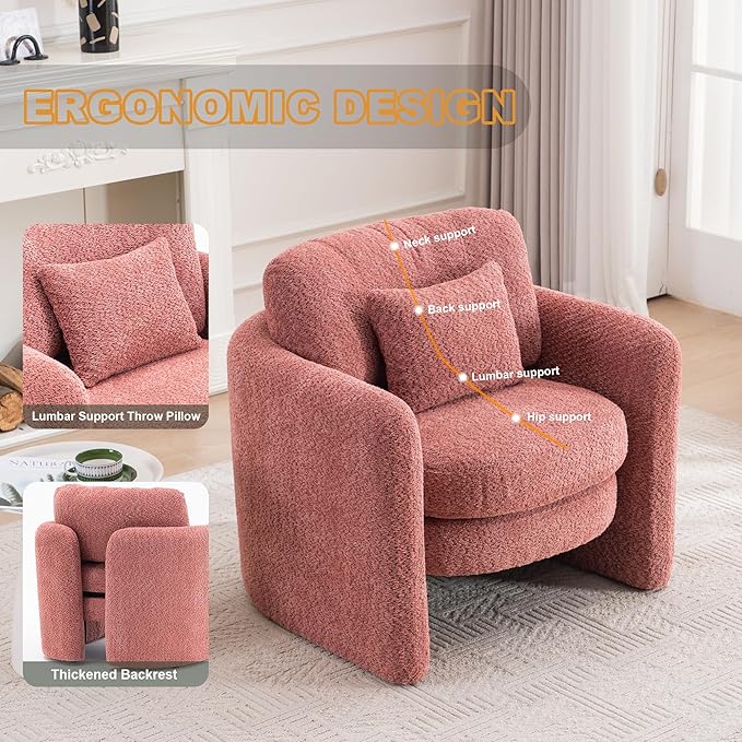 Chenille Accent Armchair Oversize Upholstered Barrel Comfy Modern Round Lounge Sofa Chair with Pillow Cozy Reading Chairs for Apartment,Office,Living Room,Dining,Makeup,Club,Pink 2SET