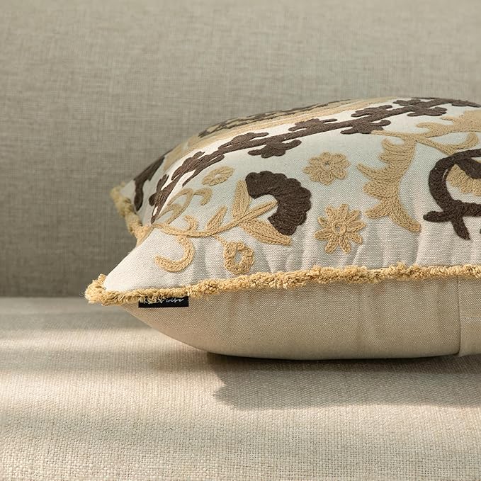 Embroidered Floral Mandala Vintage Indian Cotton Decorative Embroidery Throw Pillow Covers, Fringes Lace Cushion Cover, Pillow Case for Sofa Couch Bed Chair 18" x 18"