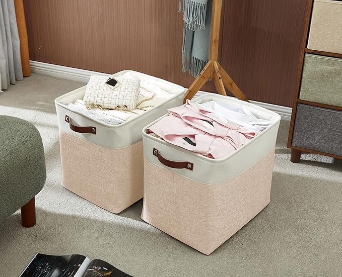 DECOMOMO Extra Large Storage Baskets 54.5L Fabric Storage Bins for Organizing Linen Closet, Toys, Nursery (Beige and White, XXXL - 3 pack)