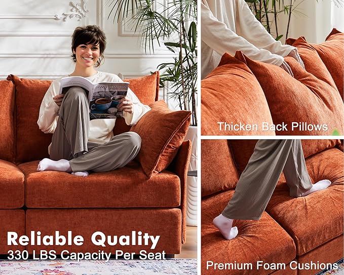 102.6" U Shaped Modular Sectional Sofa, 5 Seater Couch with Storage Ottoman Deep Seat and High Backrest with Removable Cover for Living Room, Apartment - Chenille Terracotta Orange