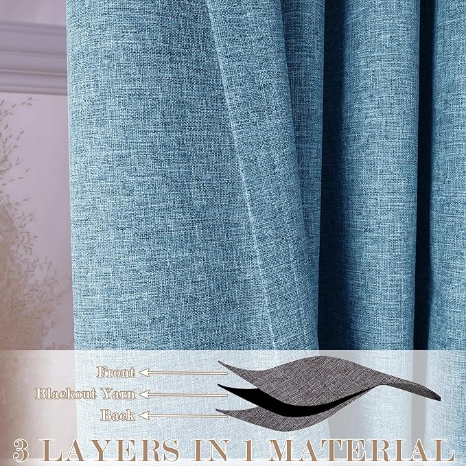 100% Blackout Linen Textured Drapes for Bedroom Pinch Pleated Curtains for Track System Portable Drapery for Sliding Glass Door/Storage/Space Room Divider, 70" Wx84 L, 1 PC, Blue