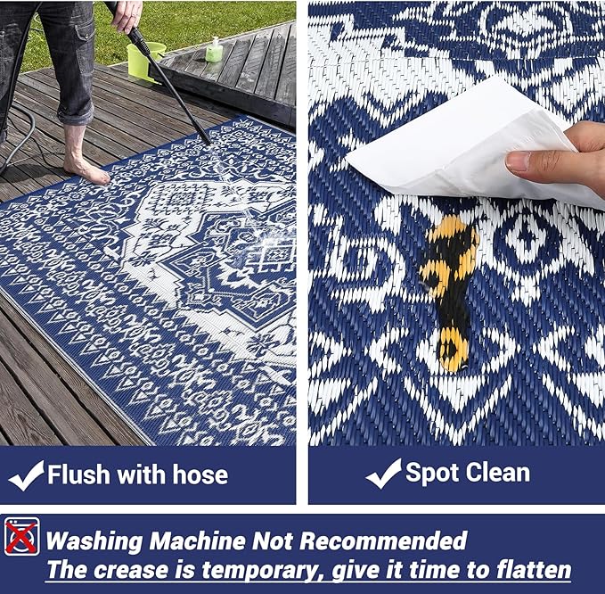GAOMON Large Outdoor Plastic Straw Rug 10x14 Waterproof Patio Rug Reversible Foldable Portale Camping Mat with Stakes & Bag, Vintage Boho Outside Carpet for RV Garden Deck Porch, Navy