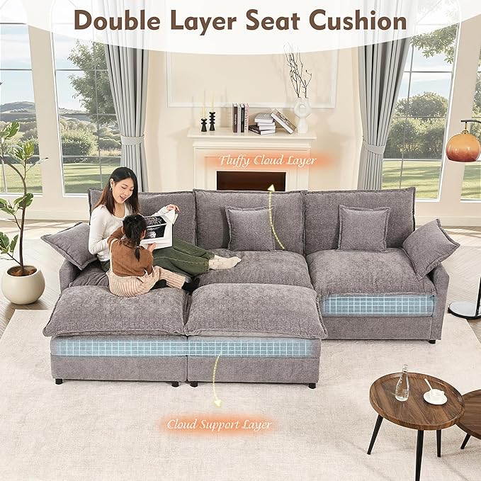 108" U Shaped Couch, Modular Sectional Sofa, 3-Seater Comfy Cloud Couch with Movable Ottoman, Deep Seat Couches for Living Room, Chenille, Slate