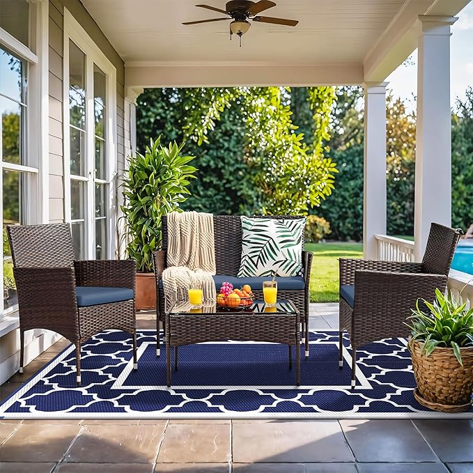 GENIMO 5' x 8' Outdoor Rug Waterproof for Patio Fall Decor, Foldable Reversible Plastic Straw Area Rugs Mat for Camper, Outside Carpet for Rv, Deck, Porch, Picnic, Beach, Balcony, Blue & White