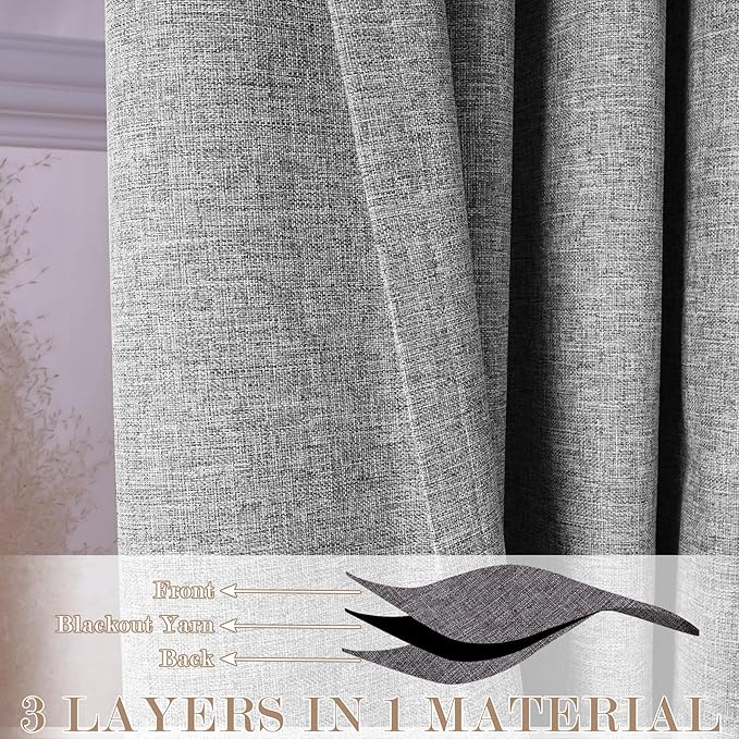 100% Blackout Linen Textured Drapes for Bedroom Pinch Pleated Curtains for Track System Portable Drapery for Sliding Glass Door/Storage/Space Room Divider, 70" Wx102 L, 1 PC, Light Grey