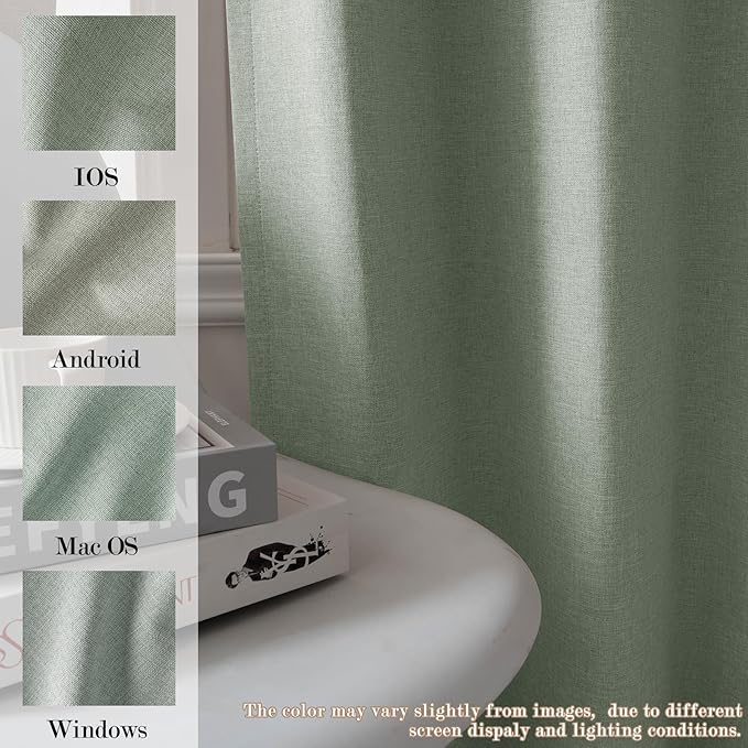 Extra Wide 100% Blackout Linen Textured Curtains - Room Dividers, W150 x L108 (1 Panel), Pinch Pleat Drapes for Living Room, Full Light Block Out Drapery for Sliding Door, Fog Green