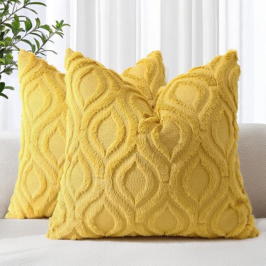decorUhome Throw Pillow Covers 18x18 Inch Set of 2, Soft Plush Decorative Faux Fur Mustard Yellow Solid Couch Pillow Covers, Accent Farmhouse Neutral Square Euro Pillow Cases for Sofa Bed Living Room