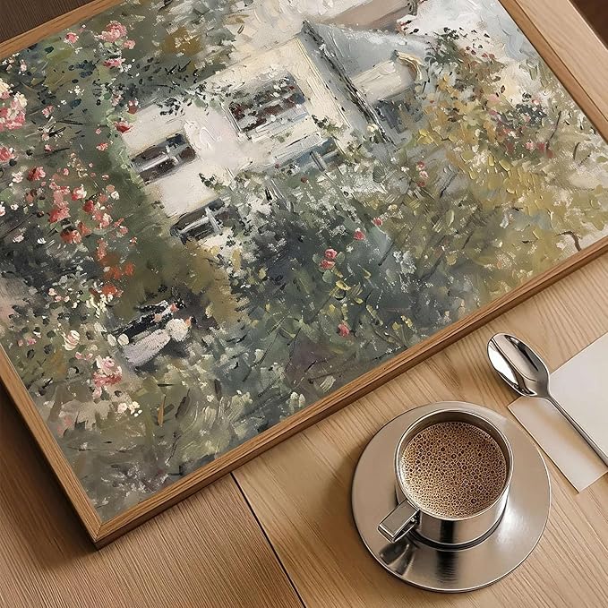 Floating Framed Canvas Vintage Wall Art, Neutral English Cottage Rose Garden Oil Paintings Print, Spring Pictures Wall Decor for Living Room Hallway Bedroom Office Rustic Decor 12x16 inch