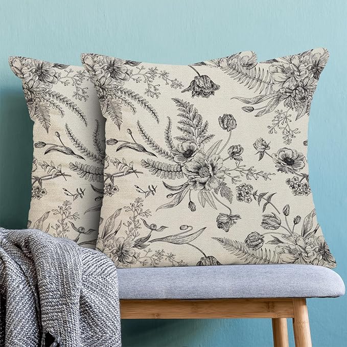 CXMEIFLY Spring Floral Leaves Pillow Covers 20 x 20 Inch Set of 2 for Chinoiserie Flowers Decor Throw Pillows Black and White Seasonal Plant Outdoor Decorative Cushion Cases for Couch Bed Decorations