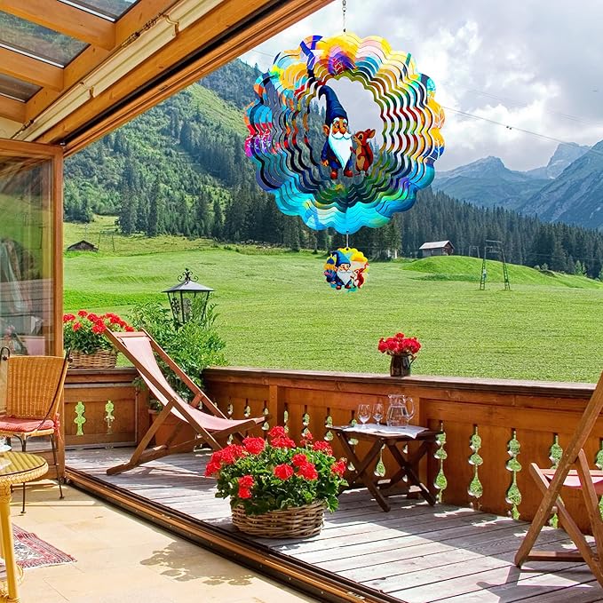 Gnomes Hanging Wind Spinners,12 Inch 3D Garden Spinner Kinetic Art Garden Decorations，Stainless Steel Reflective Wind Spinners for Yard