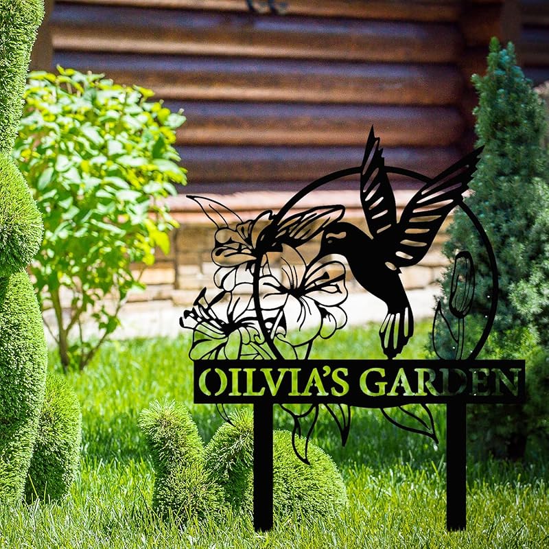 Custom Hummingbird Metal Garden Sign with Stakes, Bird Garden Decorations, Flower Design Personalized Garden Sign, Custom Garden Name Sign, Yard Decor, Home Gift