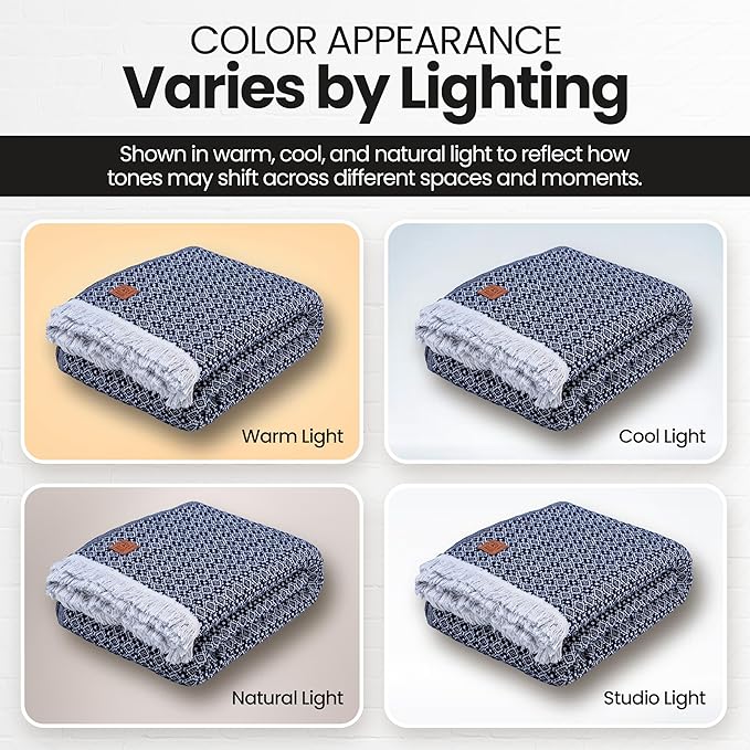 Gold Case Throw Blanket for Bed – 100% Recycled Turkish Cotton Bed Blanket – Decorative Throw Cotton Blankets for Living Room & Bedroom – Retro Navy Blue Woven Queen Blankets – 90x90