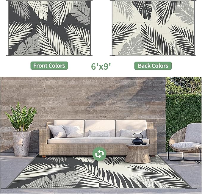 GENIMO Outdoor Rug 6' x 9' Waterproof for Patios Clearance, Reversible Plastic Straw Camping Carpet, Large Area Rugs Mats for RV, Picnic, Backyard, Deck, Balcony, Porch, Beach, Yellow&Grey