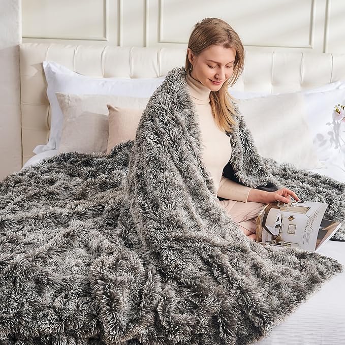 GONAAP Fuzzy Faux Fur Throw Blanket Frosty Black Super Soft Cozy Plush Fuzzy Shaggy Blanket for Couch Sofa Bed (Frosty Black, Throw(50"x60"))