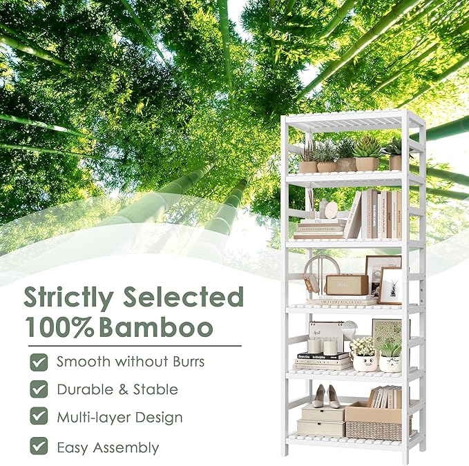 FOTOSOK 6-Tier Bamboo Shelf, Bamboo Bookcase with Adjustable Shelves, Free Standing Storage Shelf Unit, Plant Flower Stand for Bathroom, Kitchen, Home Office, White