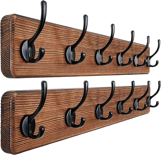 Dseap Wall Mounted Coat Rack: 24" Long, Patented, Heavy-Duty, 6-Double-Hooks Wooden Hanger Rail for Winter Coats, Hat, Jacket, Clothing - Natural & Black, Pack of 2