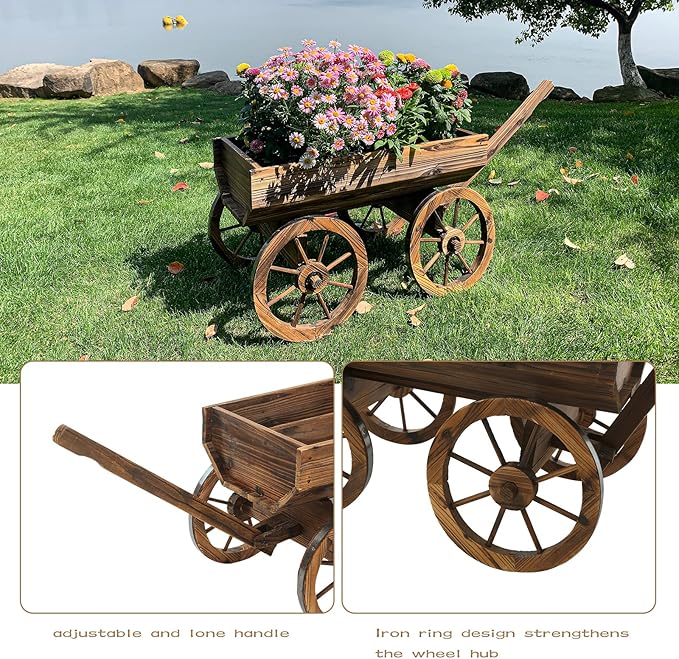 Garden Wooden Decor Rustic Flower Pot,Planters Wagon Indoor Outdoor Backyard Balcony Decor,for Outside Garden Decor Wheelbarrow Planter for Patio (Wooden Wagon)