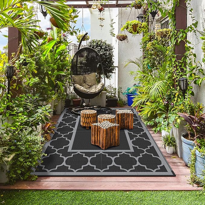 GENIMO 5' x 8' Outdoor Rug Waterproof for Patio Decor, Foldable Reversible Plastic Straw Area Rugs Mat for Camper, Outside Carpet for Rv, Deck, Porch, Picnic, Beach, Balcony, Black & Grey