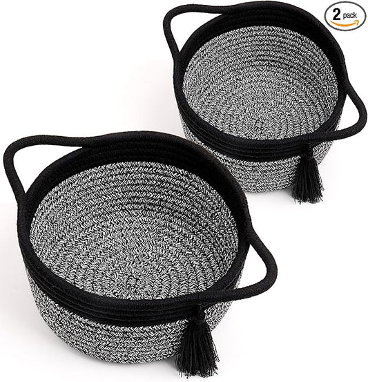 Empty Gift Basket Mini Woven Rope Organizer Baskets for Baby Shower, Vanity, Makeup Brushes, Bathroom, Shelves, Desk - Small Decorative Storage Bins - Set of 2, Pre-Shaped, Black Grey