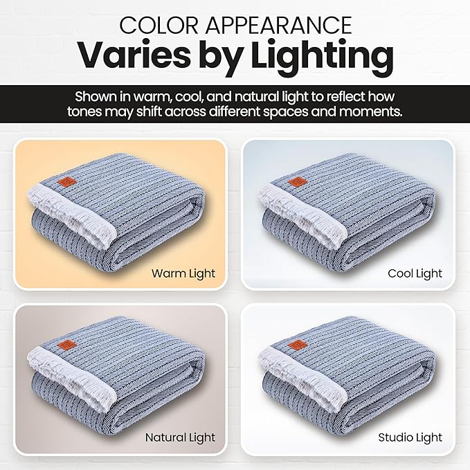 Gold Case Throw Blanket for Bed – 100% Recycled Turkish Cotton Bed Blanket – Decorative Throw Cotton Blankets for Living Room & Bedroom – Vintage Navy Blue Woven Queen Blankets – 90x90