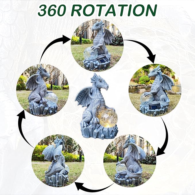 Dragon Solar Garden Statues Outdoor Decoration with Magic Orb,Dragon Figurine Solar LED Lights Lawn Décor,Outside Statue Ornament for Patio, Balcony, Yard,Unique Gifts for Mom Grandma