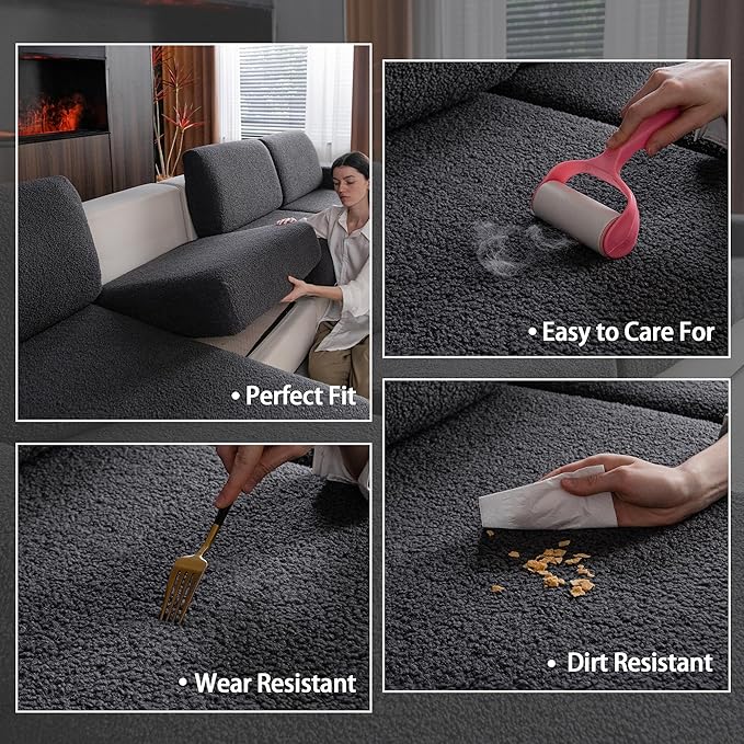 Couch Cushion Covers for Sectional Sofa, Stretch Soft Sofa Slipcovers Washable Wear-Resistant Universal Furniture Protector for Living Room(2 Seaters Covers+1 Chaise Cover, Dark Gray)