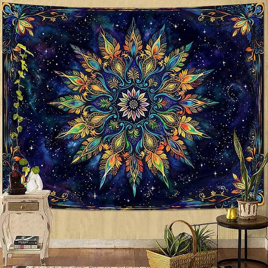 Fowocu Boho Floral Mandala Tapestry for Bedroom Aesthetic Blue Bohemian Colorful Flower Wall Tapestry Purple Hippie Indian Small Tapestries Wall Hanging for Living Room Dorm Decor 48 x 36 Inch